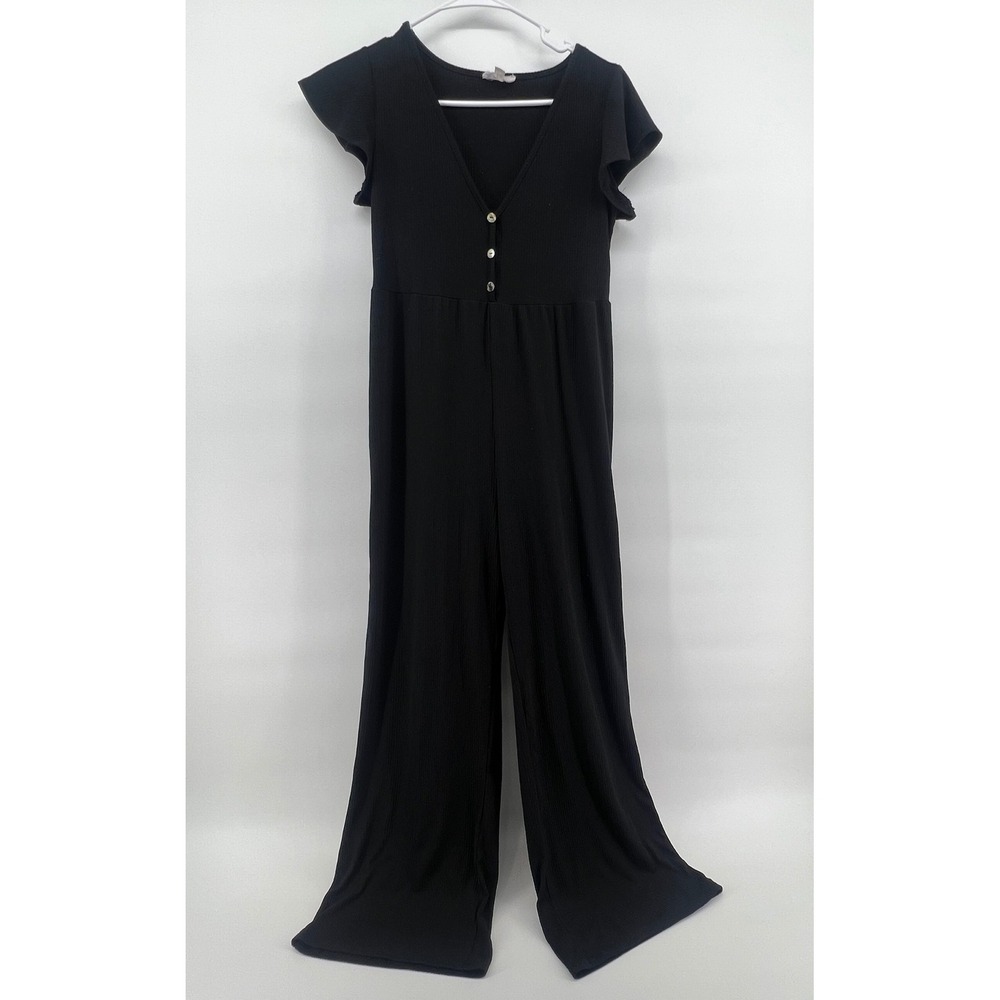 See You Monday Jumpsuit Women Medium Black Ribbed Wide Leg Flutter Sleeve JS9468